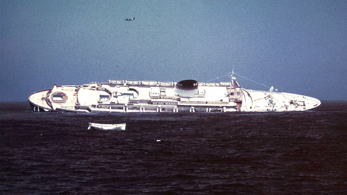 Colorized photo on Andrea Doria laying on its side