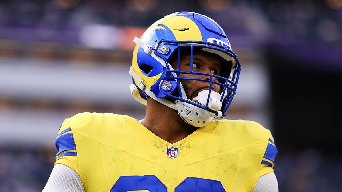 Aaron Donald warms up before a game at SoFi Stadium.