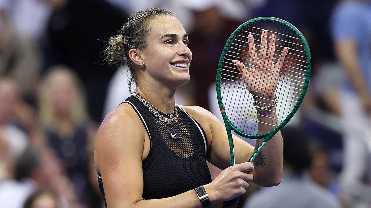 Aryna Sabalenka celebrating after winning a match at the U.S. Open