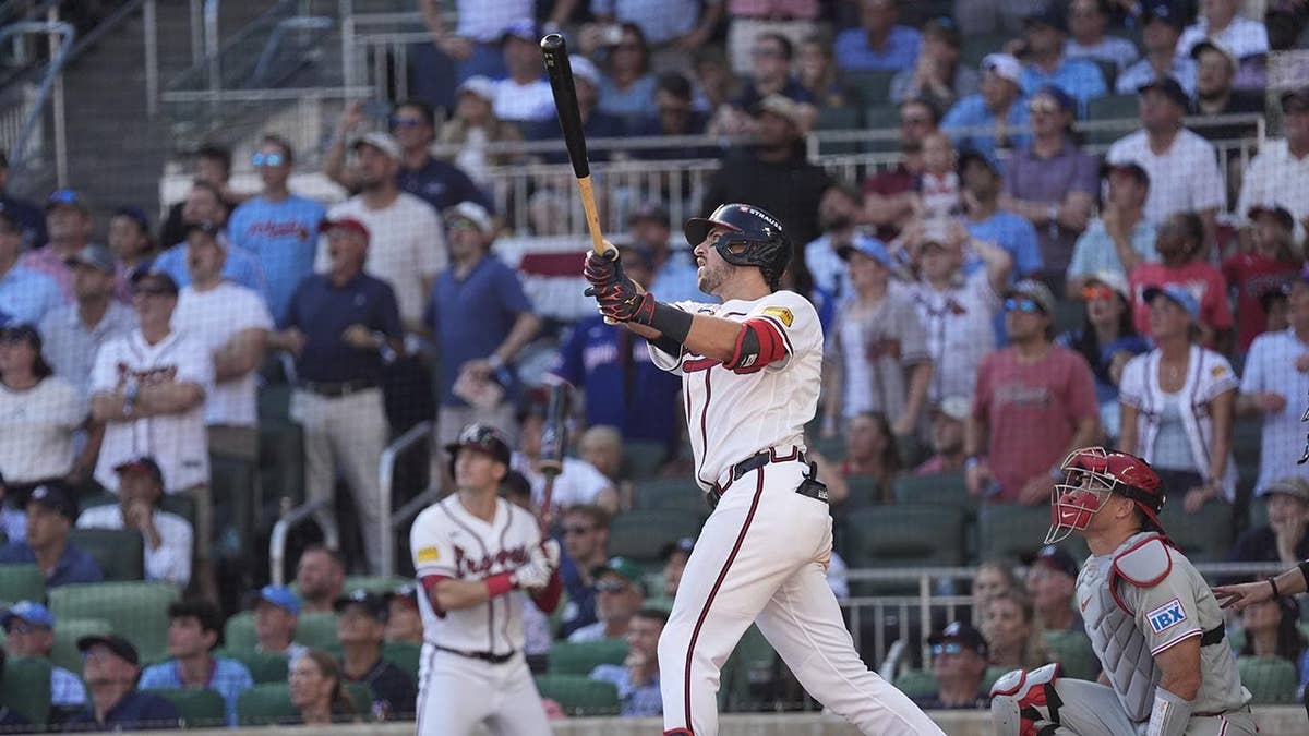 Austin Riley hitting a home run in the NL Wild Card Series