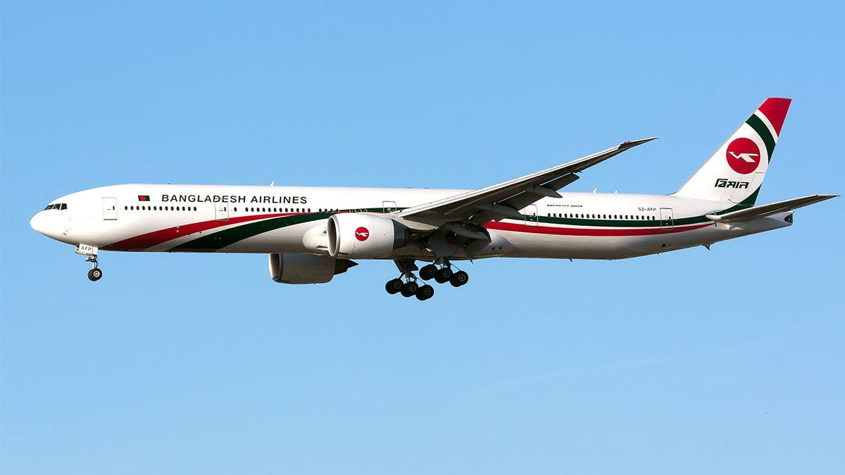 View of Bangladesh Airlines aircraft in flight