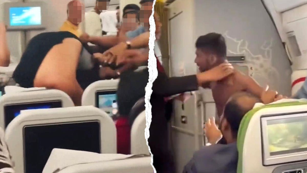 Split image of shirtless man fighting on plane