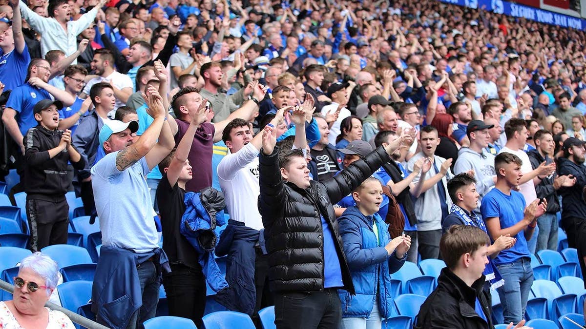 Cardiff City fans stand in the stadium during a Premier League match.