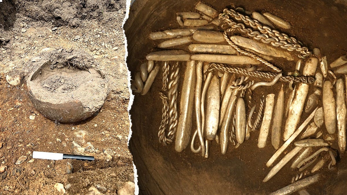 Split image of clay pot, silver treasure