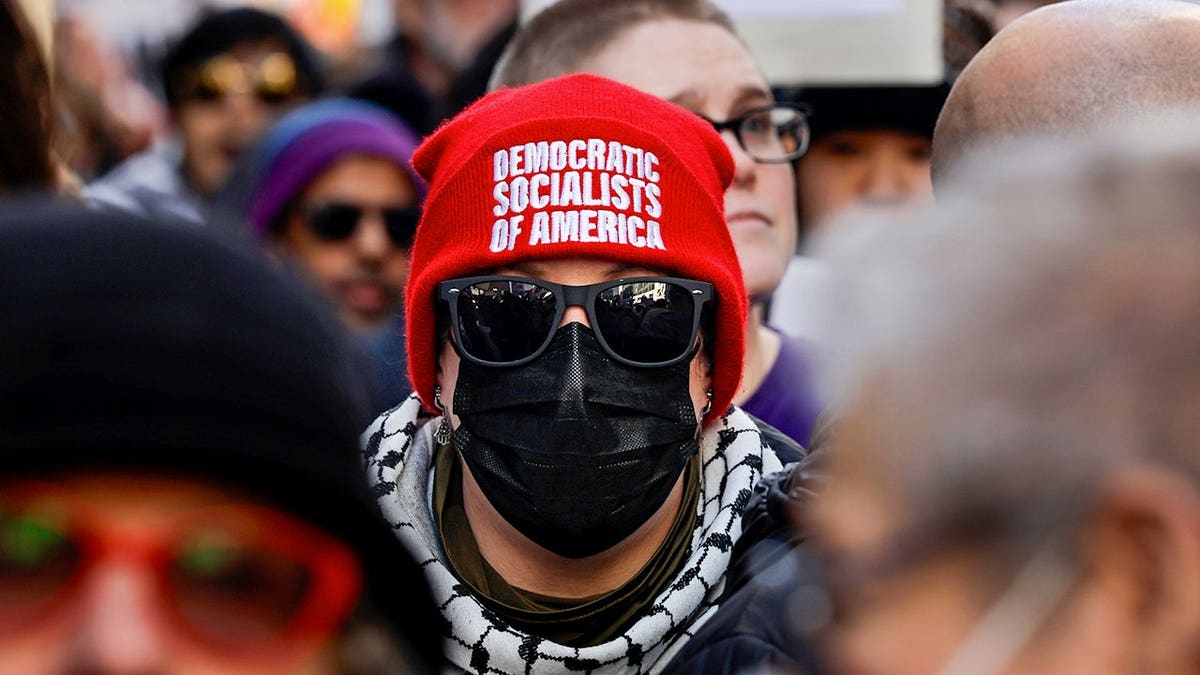 A protester in a mask, sunglasses and Democratic Socialists of America hat