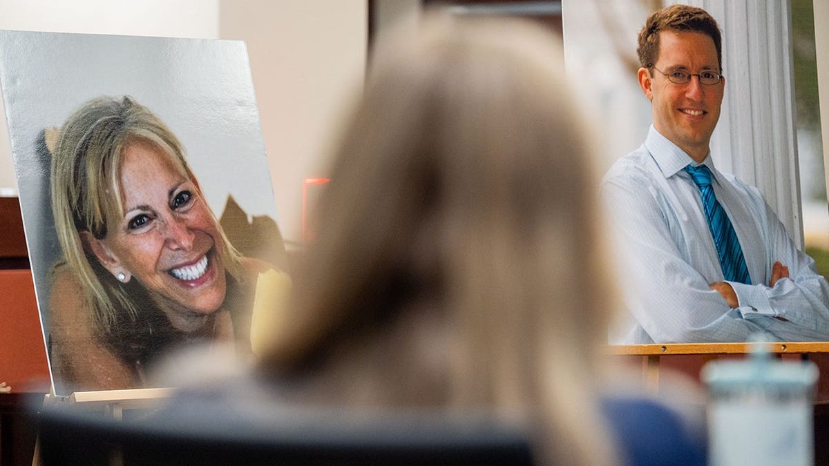 Donna Adelson and Dan Markel photographs displayed during trial opening statements.