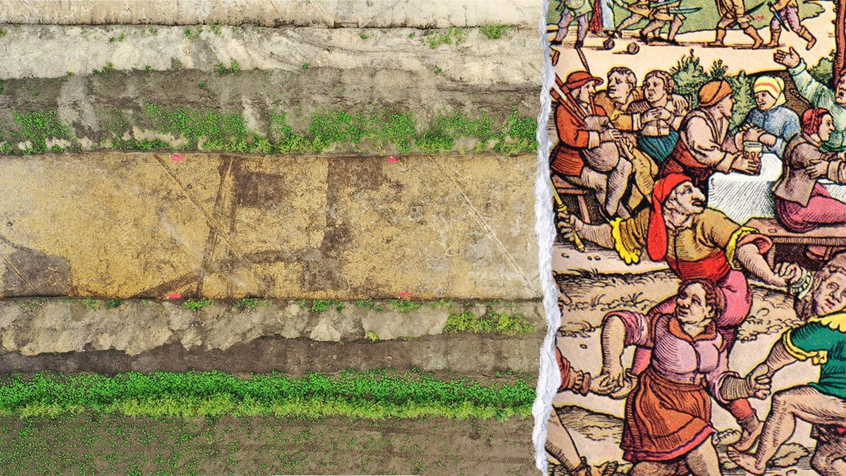 Split image of depiction of German village, remains at site
