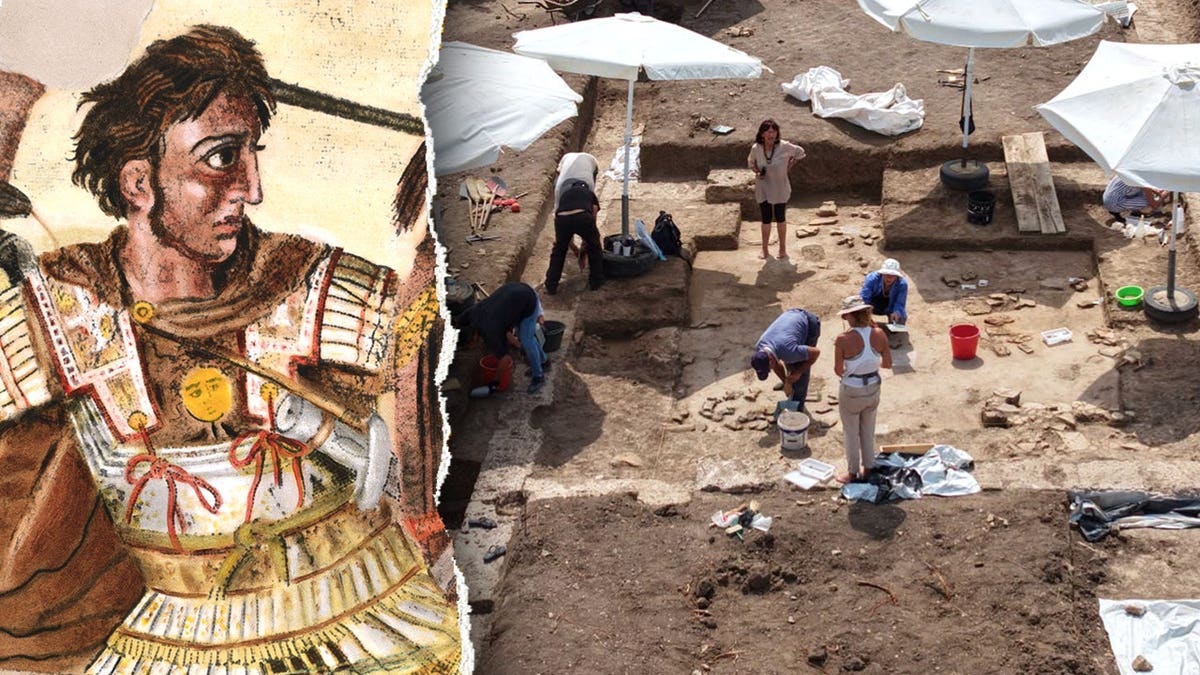 Depiction of Alexander the Great next to archaeologists at site