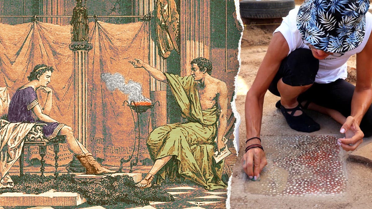 Illustration of Alexander the Great and Aristotle, archaeologist digging at site