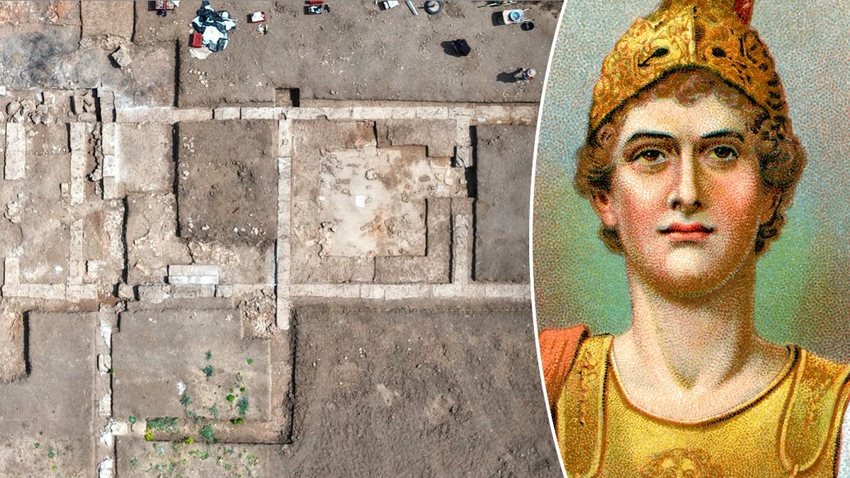 Split image of excavation site aerial, lithograph of Alexander the Great