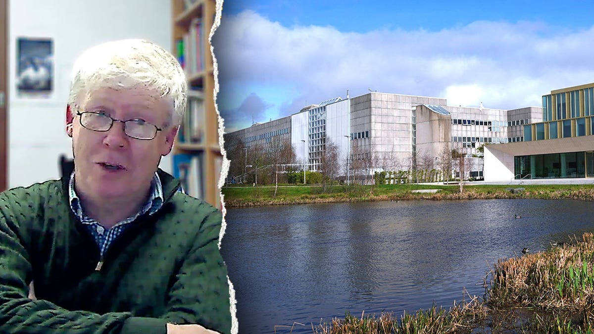 Split image of O'Keeffe talking, view of UCD campus