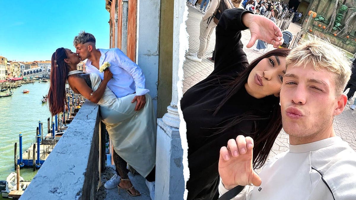 Split image of couple kissing, posing in selfie