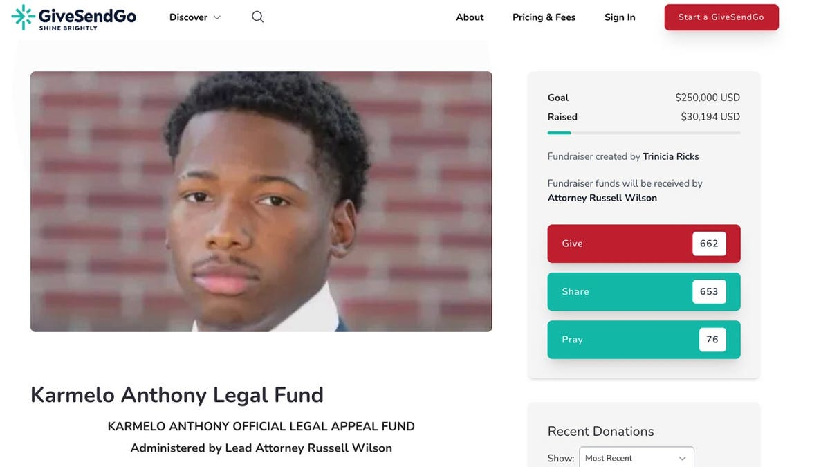 Screenshot of a GiveSendGo fundraising page featuring a photo of Karmelo Anthony and listing a $250,000 goal, $30,194 raised and attorney Russell Wilson as the recipient.