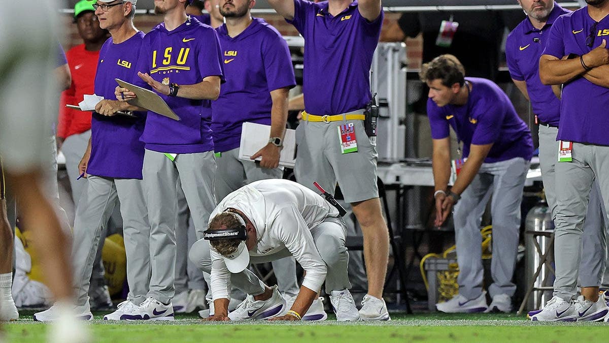Lane Kiffin reacts during the first half at Vaught-Hemingway Stadium in Oxford, Mississippi.