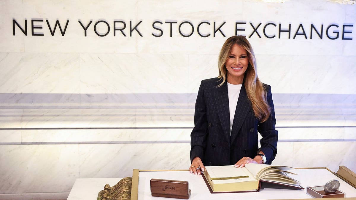 US First Lady Melania Trump signs the New York Stock Exchange (NYSE) guestbook, after ringing the opening bell, in New York City, US, September 23, 2026.