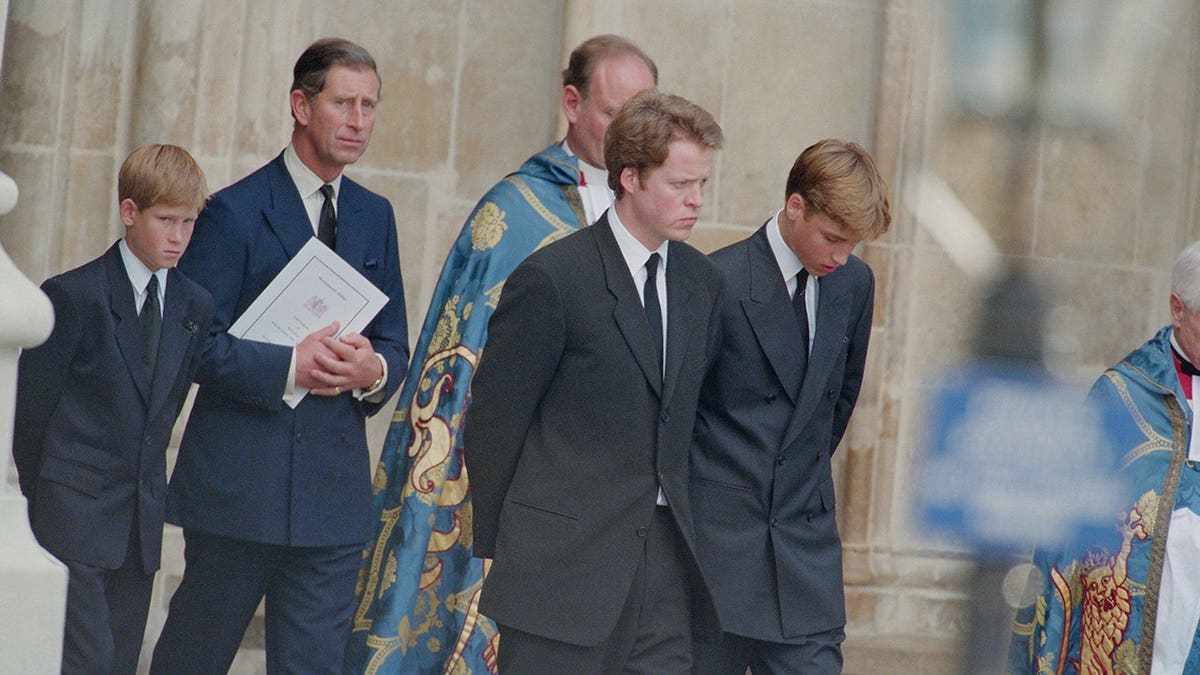 Prince Harry, Prince Charles, Earl Spencer and Prince William at Westminster Abbey.