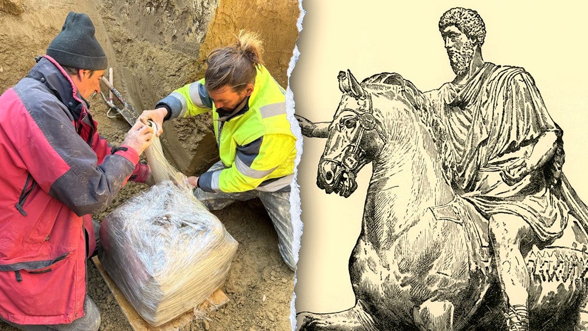 Split image of archaeologists at site, drawing of Marcus Aurelius