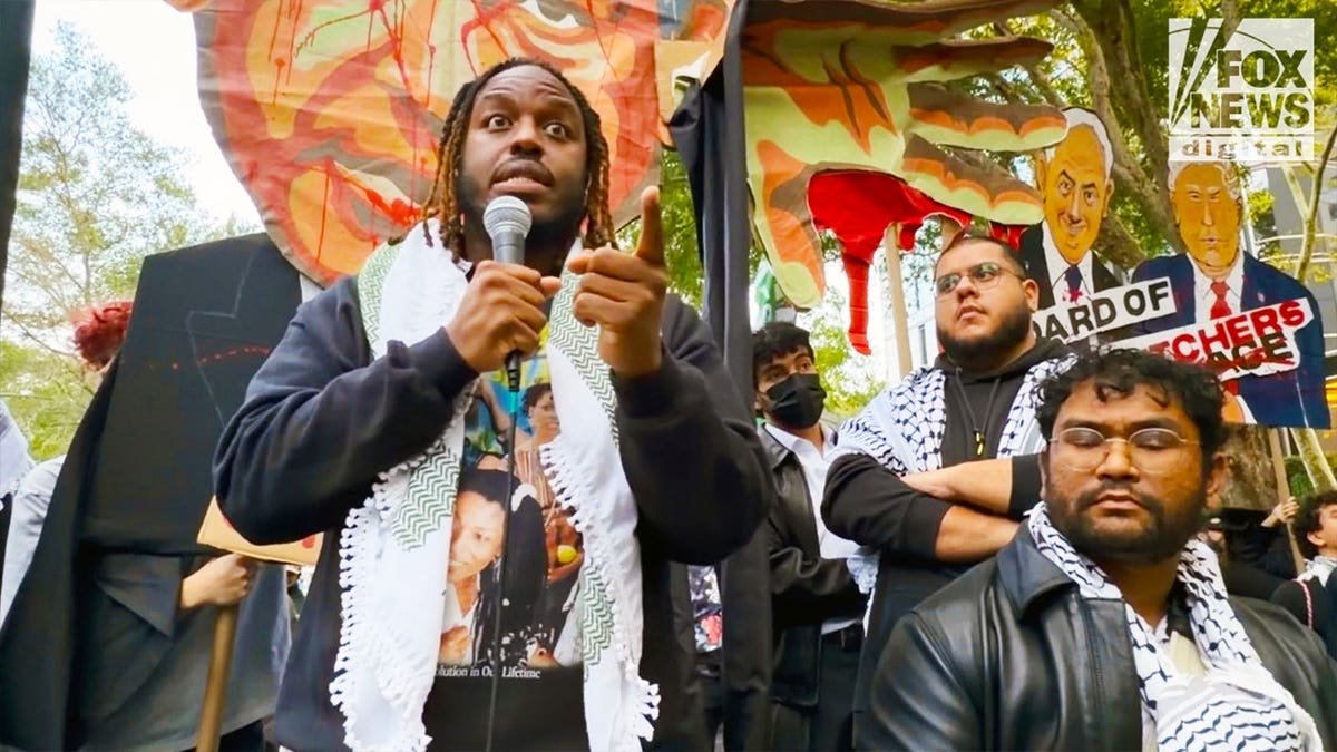 People’s Forum Membership, Events and Volunteer Coordinator Tajee Bounds speaks during an anti-Israel protest in New York City.