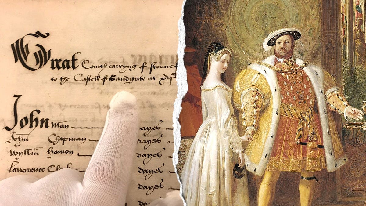 Split image of Moore researching document, depiction of Henry VIII