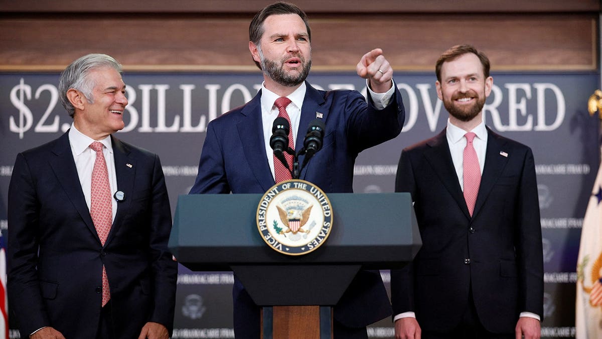 U.S. Vice President JD Vance, flanked by Administrator for the Centers for Medicare and Medicaid Services, Dr Mehmet Oz, and Chairman of the U.S. Federal Trade Commission Andrew N. Ferguson, accepts questions during a press conference on anti-fraud initiatives at the Eisenhower Executive Office Building on the White House campus in Washington, D.C. on Sept. 22, 2026.