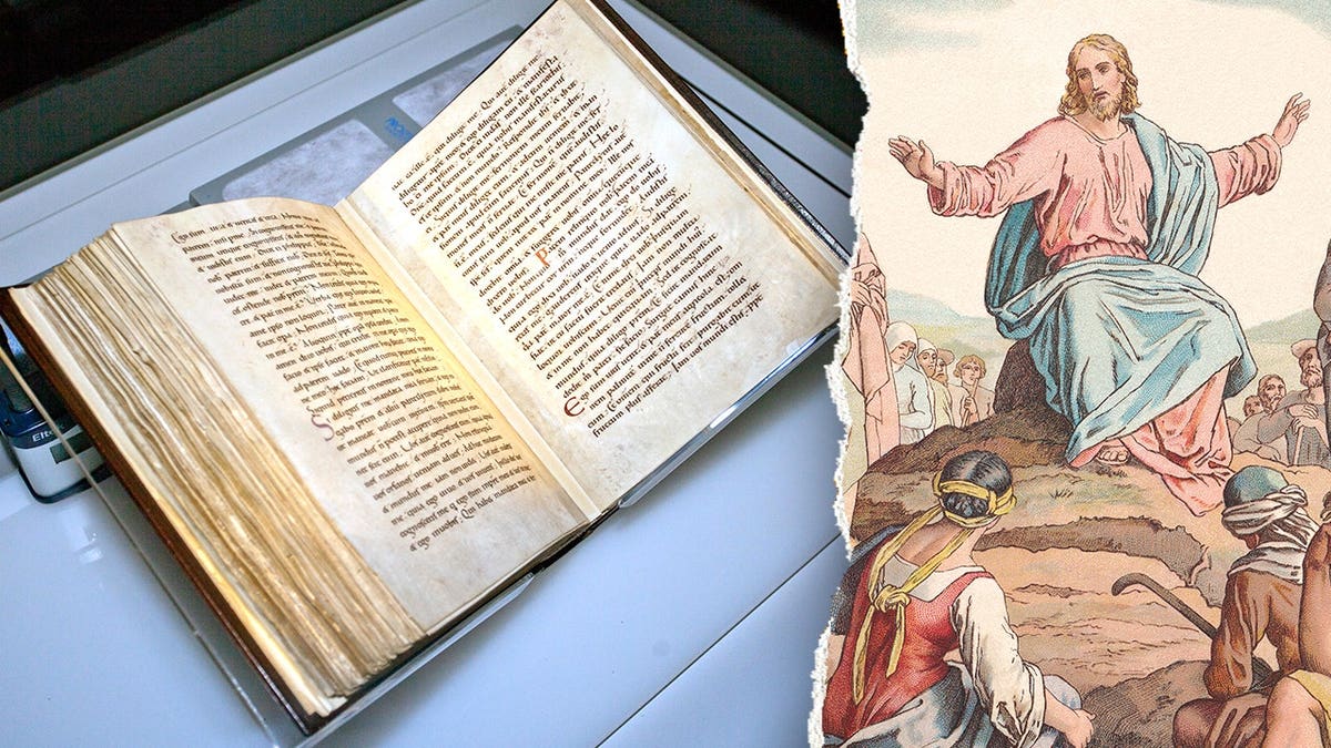 York Gospels on display next to depiction of Jesus