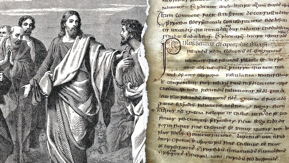 Split image of Jesus, text from York Gospels