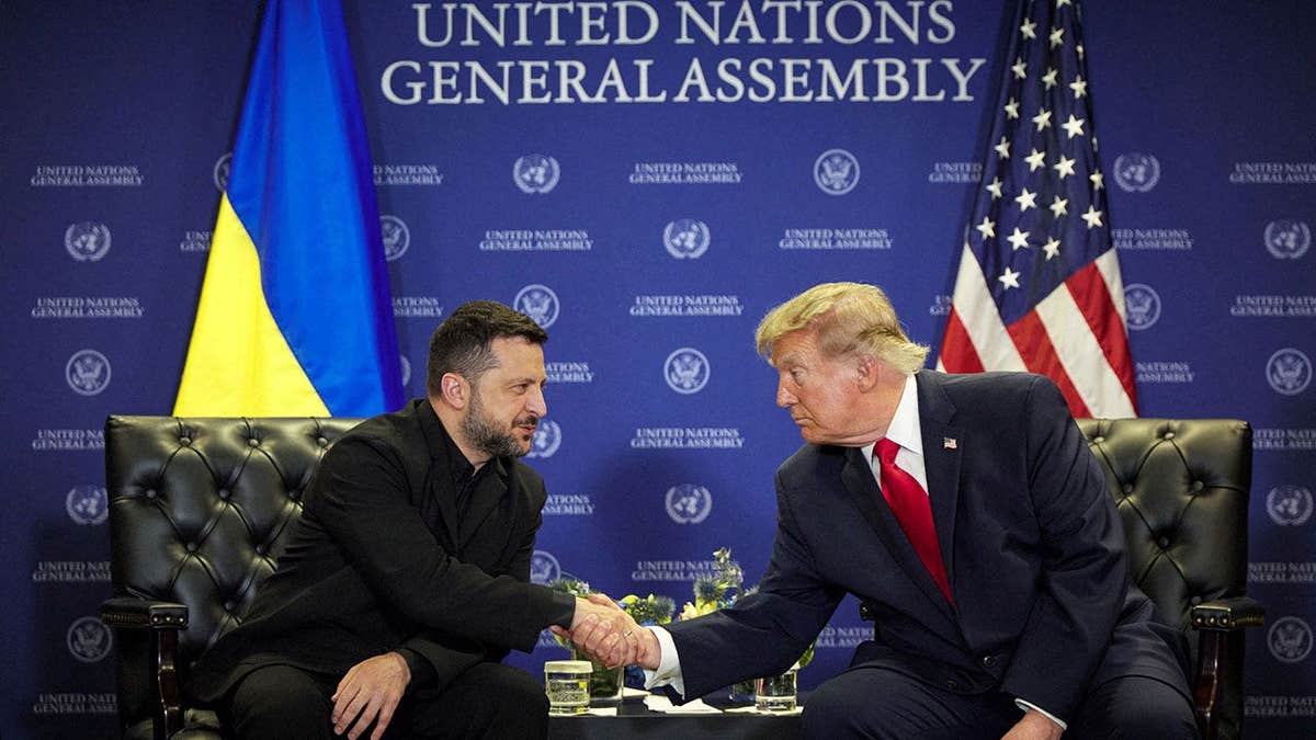 US President Donald Trump and Ukraine's President Volodymyr Zelenskiy shake hands as they meet on the sidelines of the 81st United Nations General Assembly