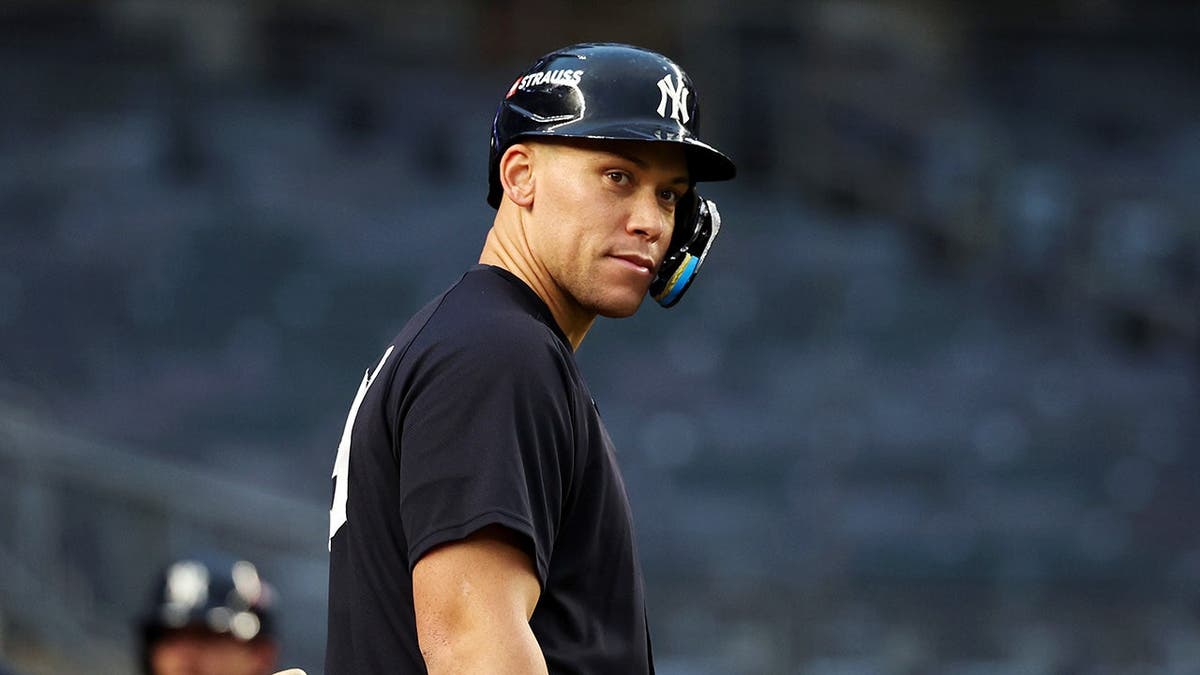 Aaron Judge looks on during a workout at Yankee Stadium.