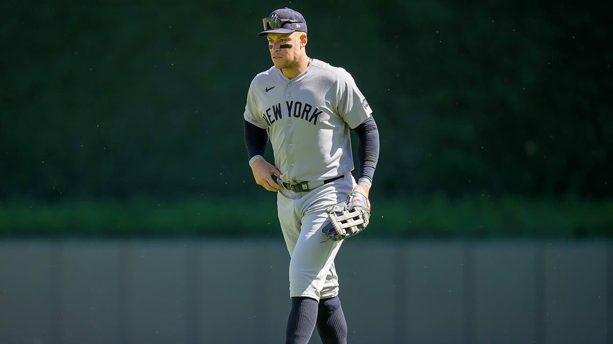 Aaron Judge of the New York Yankees looks on during a game at Target Field.