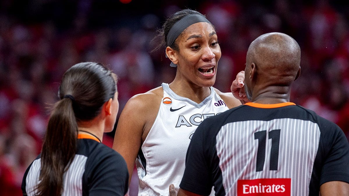 A'ja Wilson talks to a referee during a WNBA playoff game in Indianapolis.