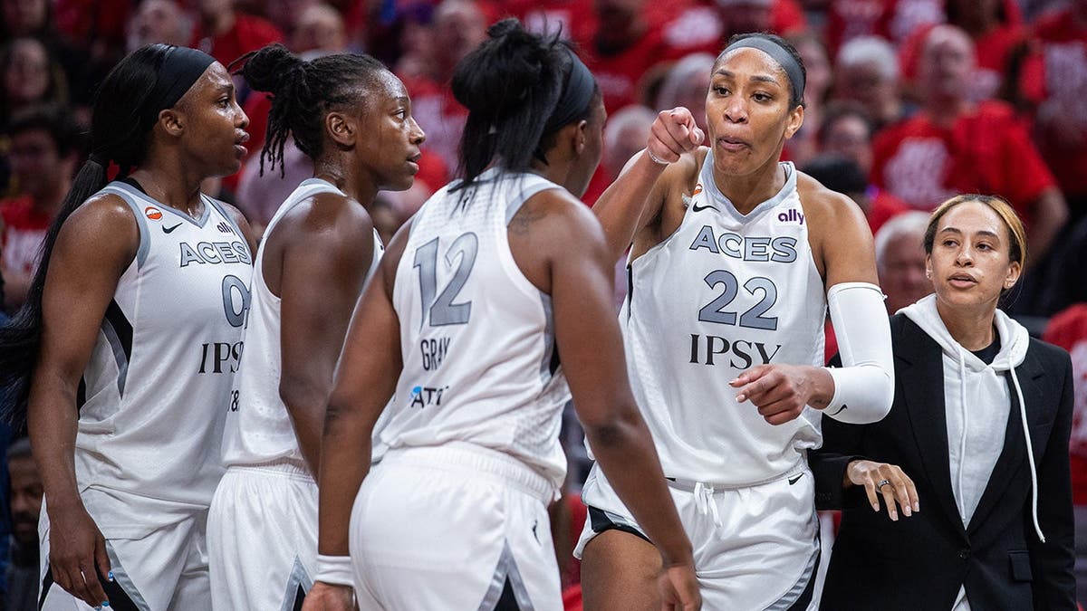 A'ja Wilson talks to teammates after confronting a fan during an NBA playoff game.
