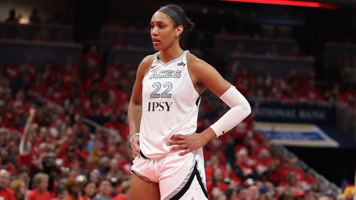 A'ja Wilson, wearing Las Vegas Aces jersey No. 22, plays against the Indiana Fever.