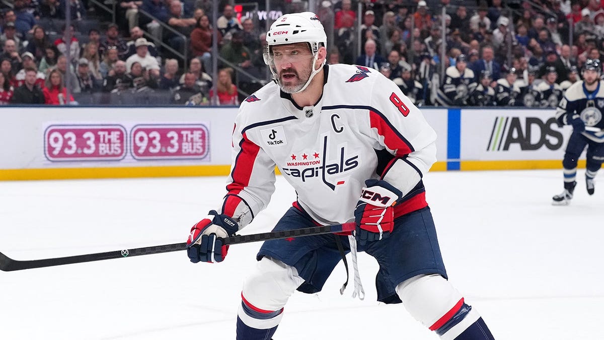 Alex Ovechkin skates in action during a game against the Columbus Blue Jackets.