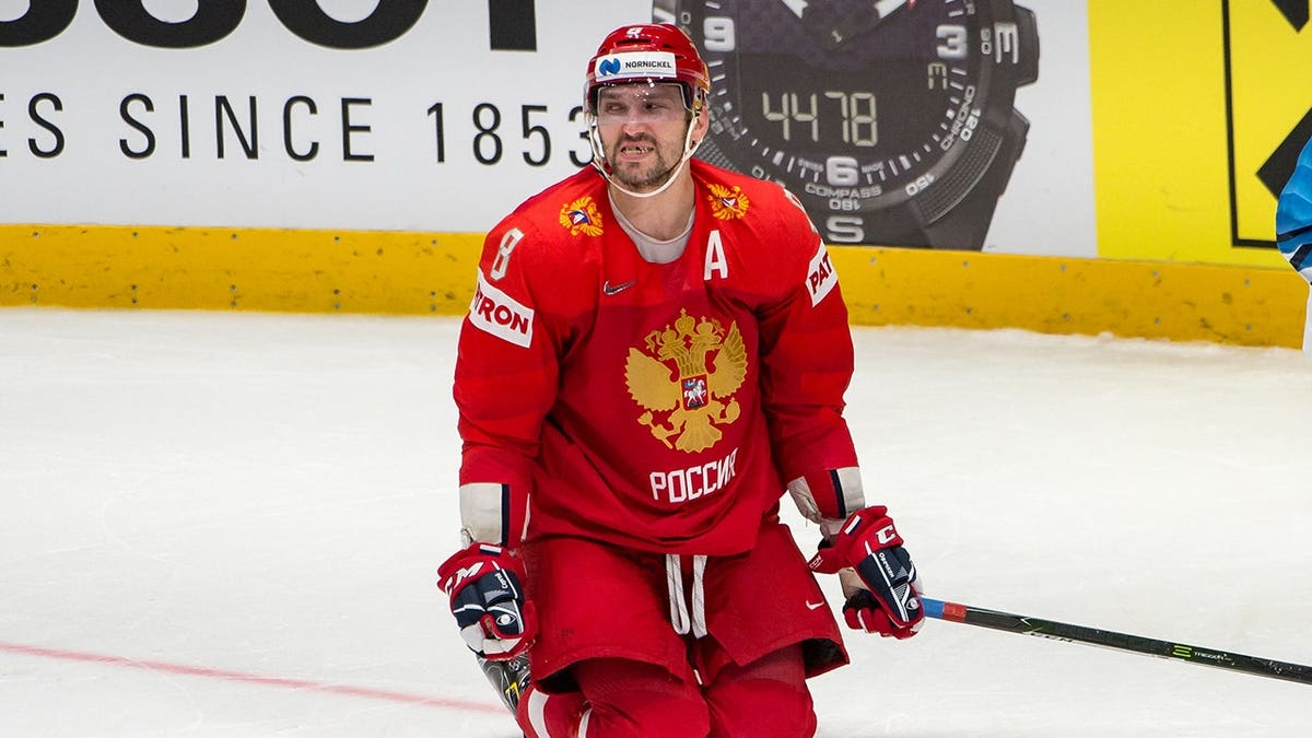 Alexander Ovechkin reacts during a hockey game in Bratislava, Slovakia.
