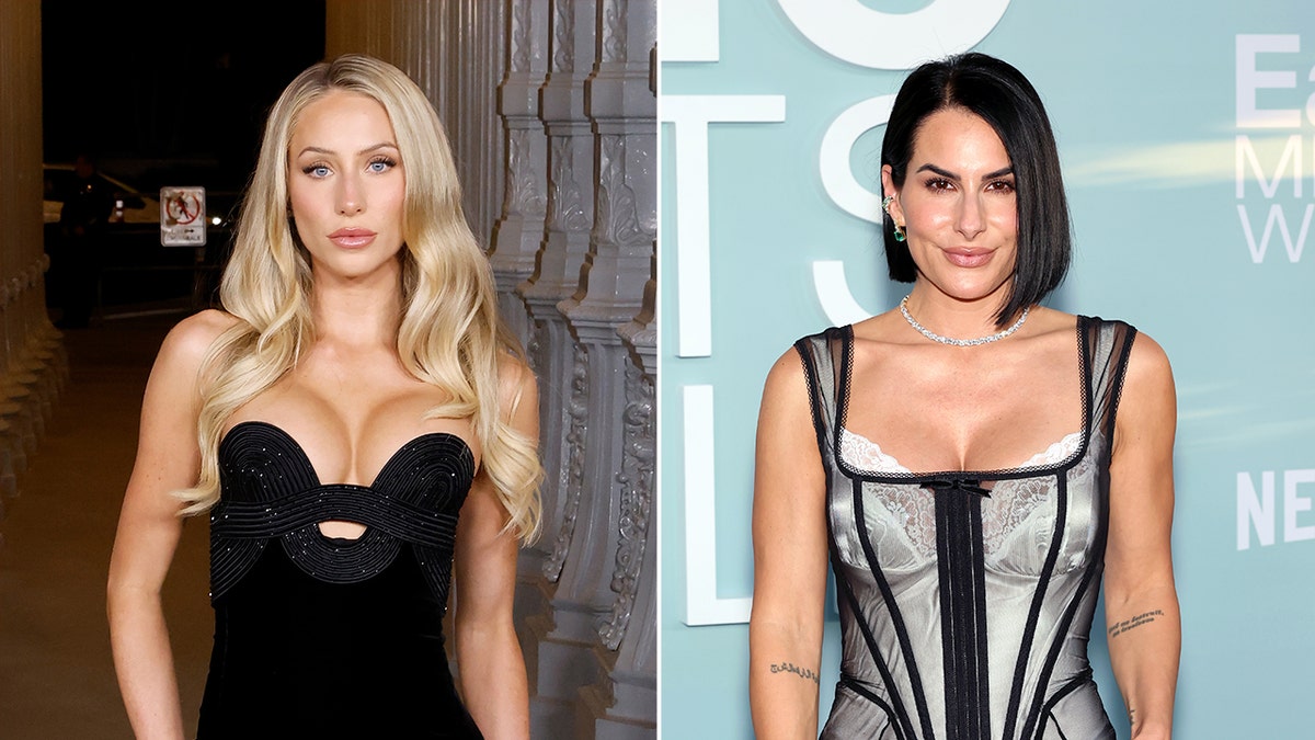 Side-by-side photo of Alix Earle, left, wearing a black dress with long blonde hair, and Ashley Earle, right, wearing a black-and-white corset-style dress with short dark hair.