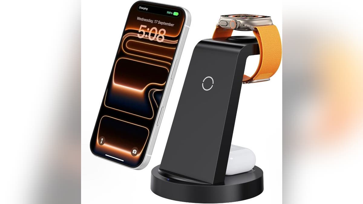 This small stand charges an iPhone, AirPods and Apple Watch.