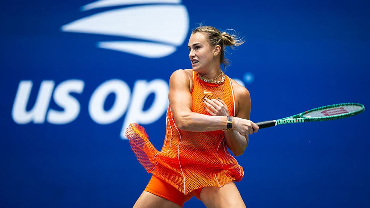 Aryna Sabalenka hits a shot against Camila Osorio during a US Open tennis match.