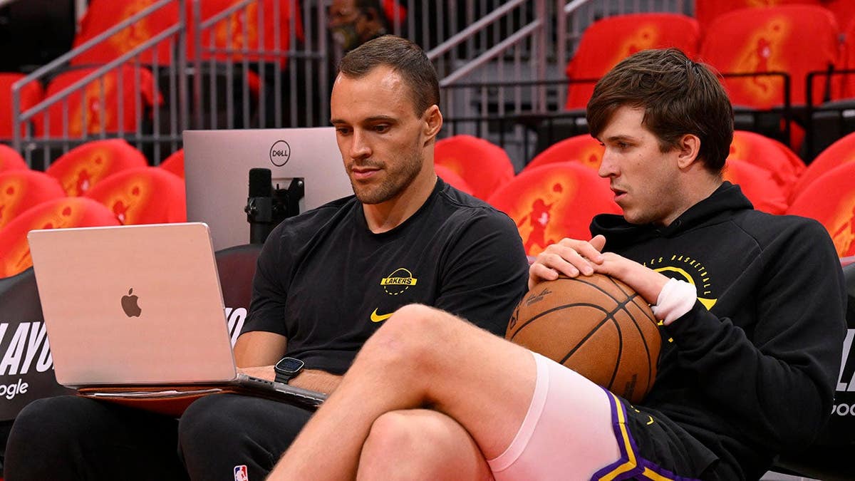 Austin Reaves warms up before Game 6 of the 2026 NBA Playoffs against the Houston Rockets.