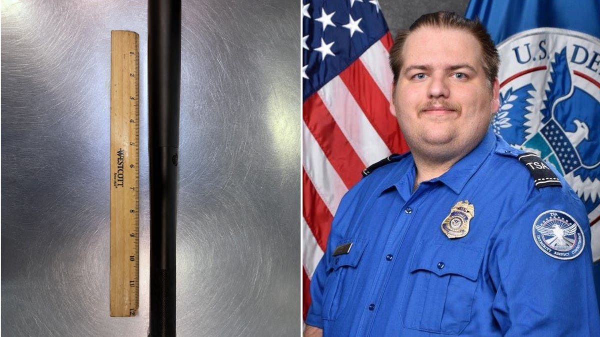 A baseball bat flashlight next to a ruler split with a photo of TSA officer Andrew Carter.