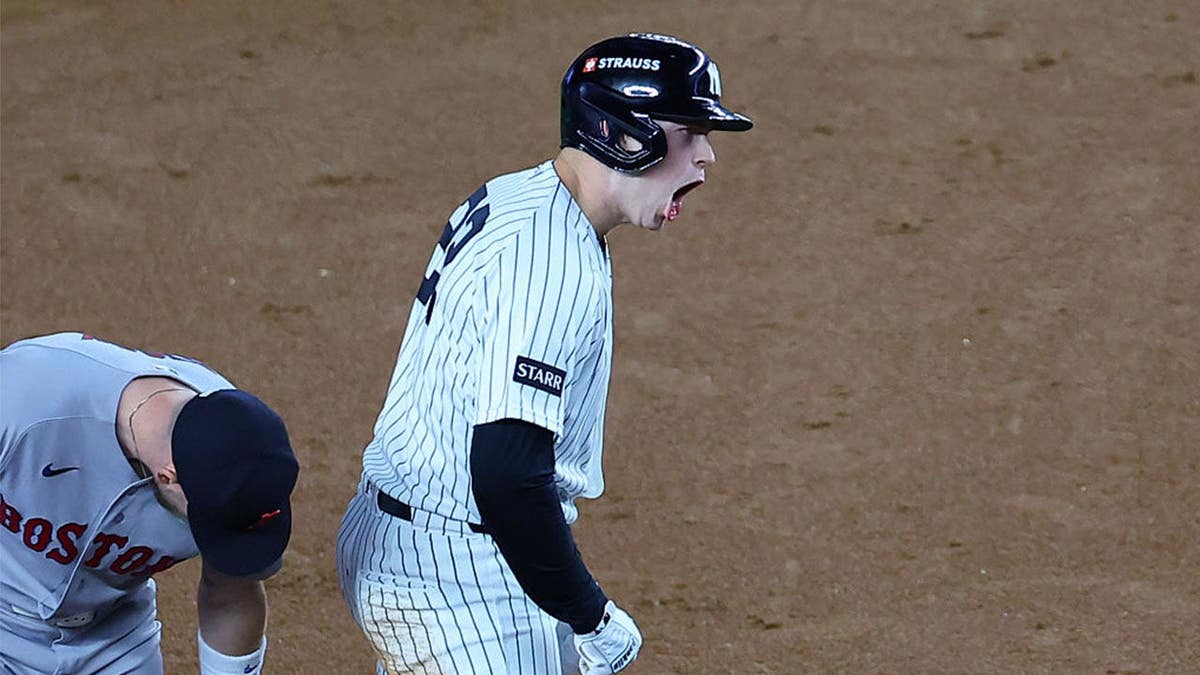 Ben Rice #22 of the New York Yankees reacts at second base during the New York Yankees game against the Boston Red Sox in game 1 of the American League Wild Card Playoff Series at Yankee Stadium on September 29, 2026 in the Borough of the Bronx, New York. (Photo by Rich Graessle/Icon Sportswire via Getty Images)