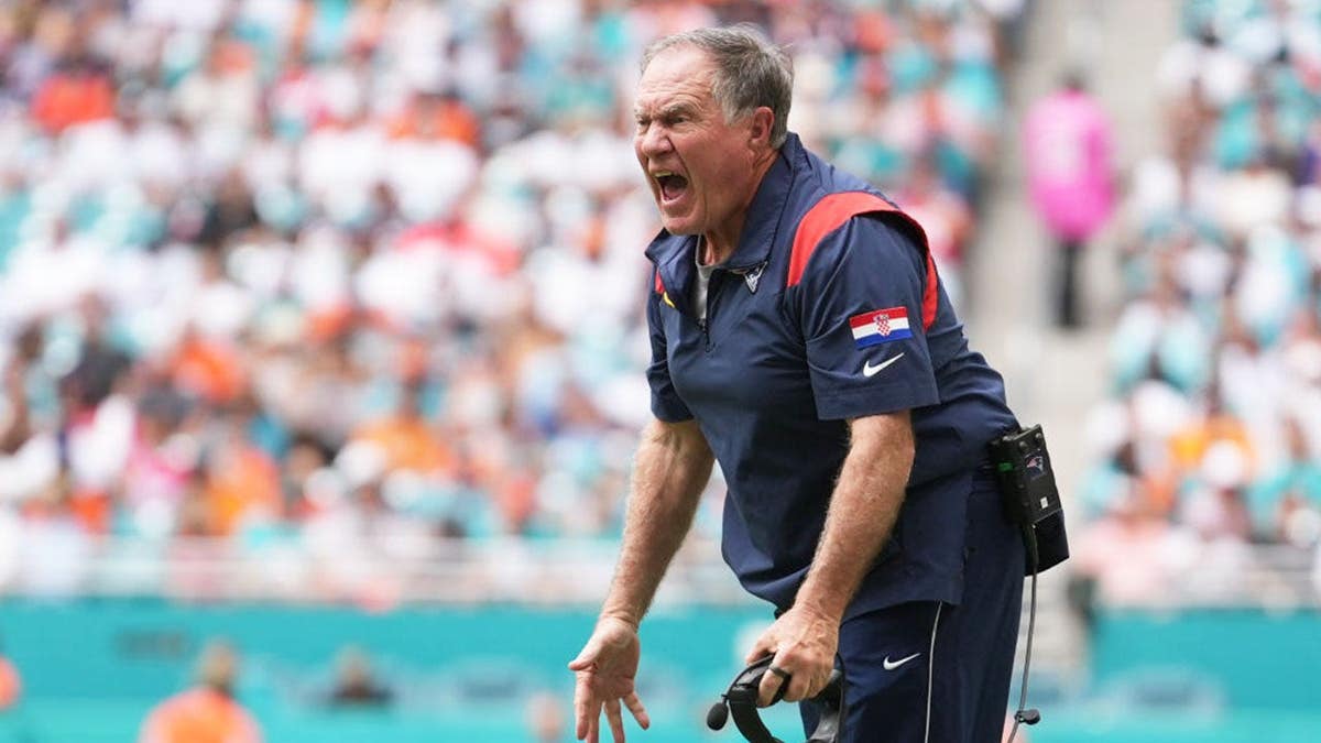 Bill Belichick yells at officials during Patriots-Dolphins game at Hard Rock Stadium.
