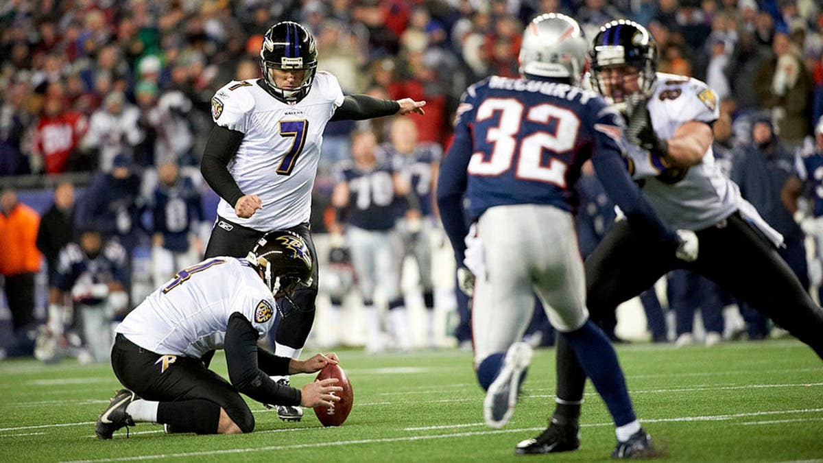 Billy Cundiff kicks a field goal attempt during the AFC Championship at Gillette Stadium.