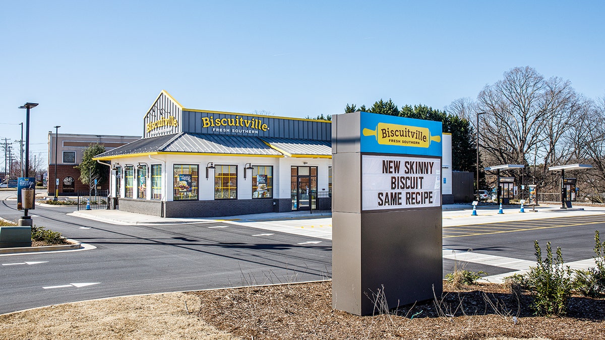 The exterior of a Biscuitville in Hickory, North Carolina, in the daytime.