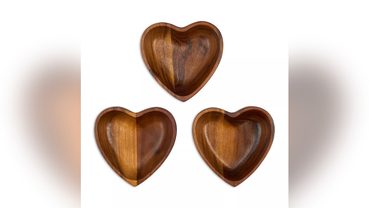 Nambe's set includes three heart-shaped bowls for snacks, sides and entertaining.