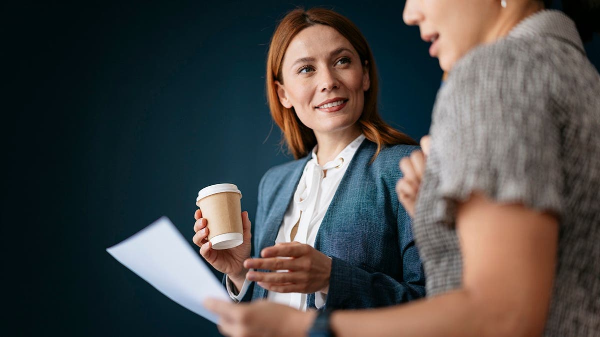 Two business women collaborate on a project in an office setting.