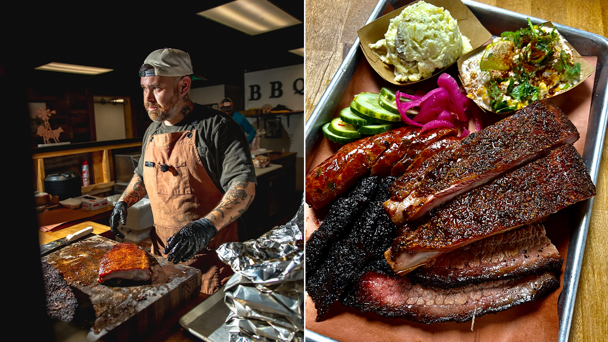 A man in an apron handling meat at a barbecue restaurant; a plate of brisket, sausage and side dishes