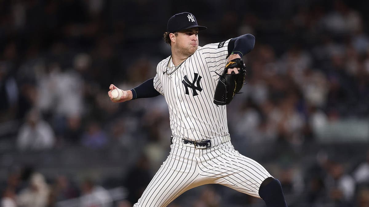 Cam Schlittler throws a pitch during a Yankees game at Yankee Stadium.