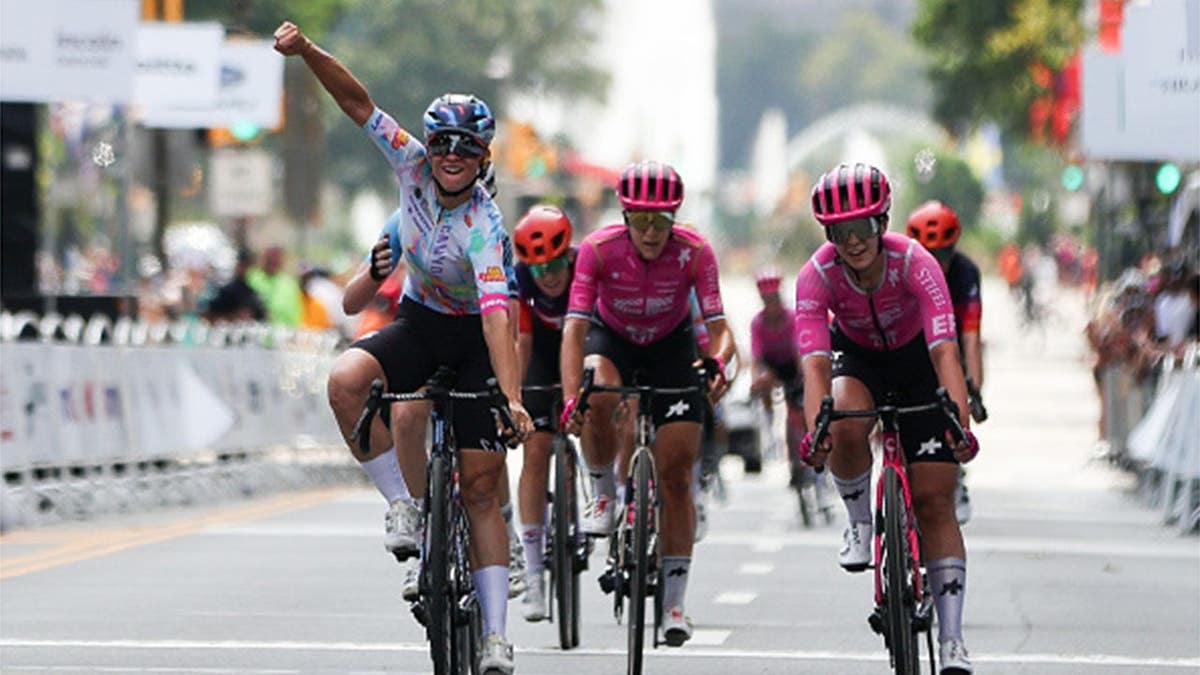Chiara Consonni reacts after winning the Philadelphia Cycling Classic.