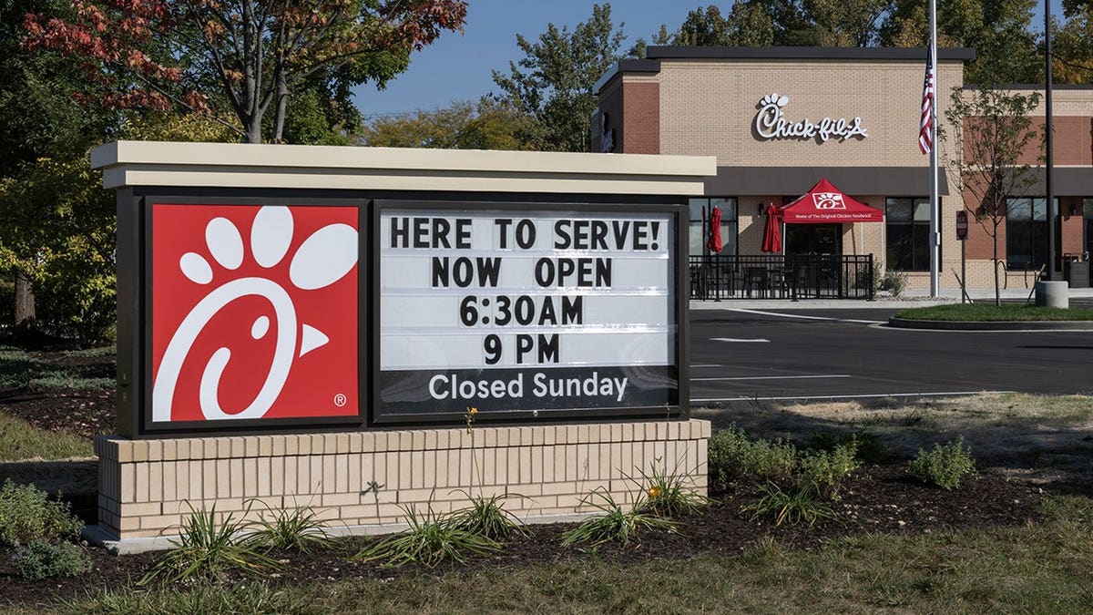 Chick-fil-A restaurant sign displayed outside a location in Carmel.