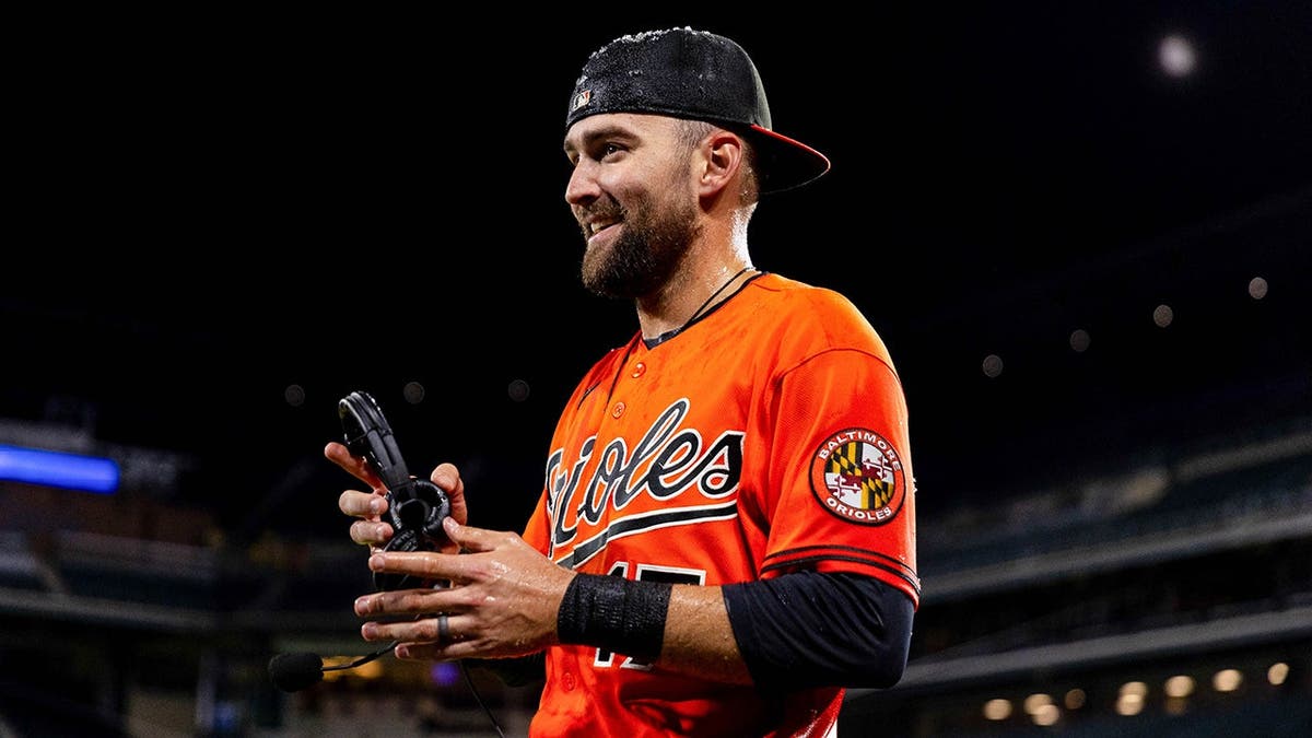 Colton Cowser of the Baltimore Orioles speaks to the media after a game.